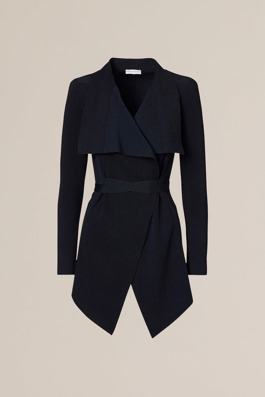 CREPE KNIT DRAPE FRONT JACKET - NAVY