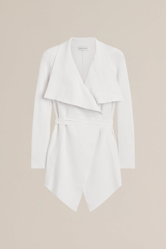 CREPE KNIT DRAPE FRONT JACKET - WHITE