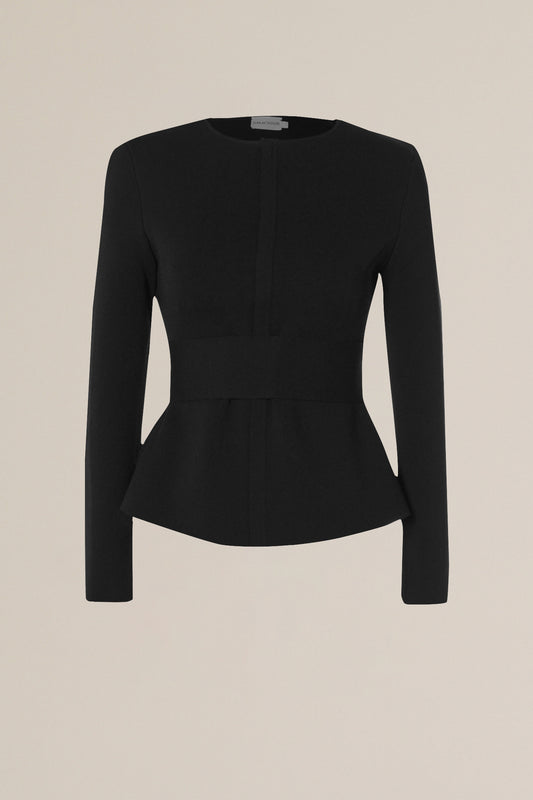 CREPE KNIT CURVED HEM JACKET - BLACK