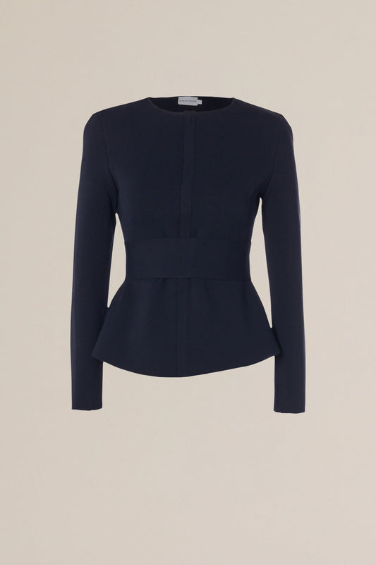 CREPE KNIT CURVED HEM JACKET - NAVY
