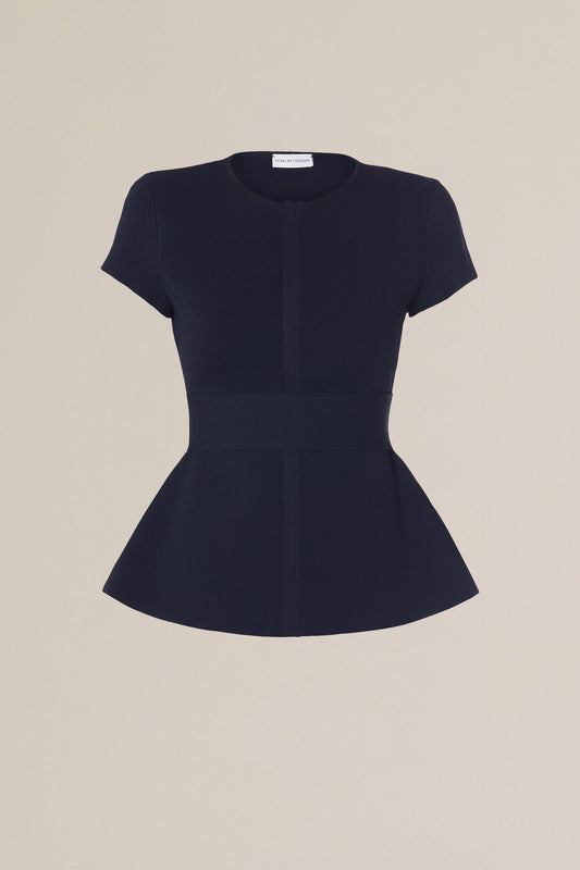 CREPE KNIT SHORT SLEEVE CURVED HEM JACKET - NAVY
