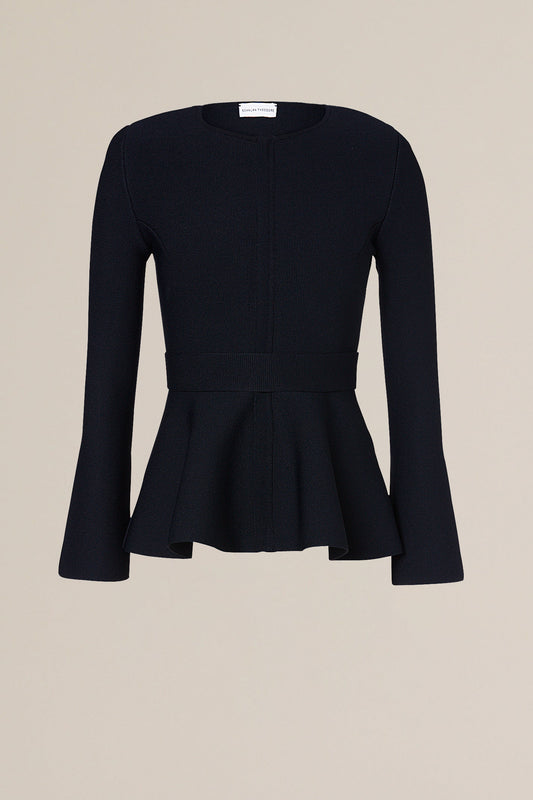 CREPE KNIT RUFFLE JACKET - NAVY